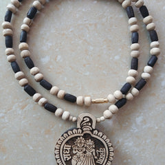 10 MM Handcrafted Radha Naam Beads With Big Size Pure Tulsi Pendant Black & White Mala