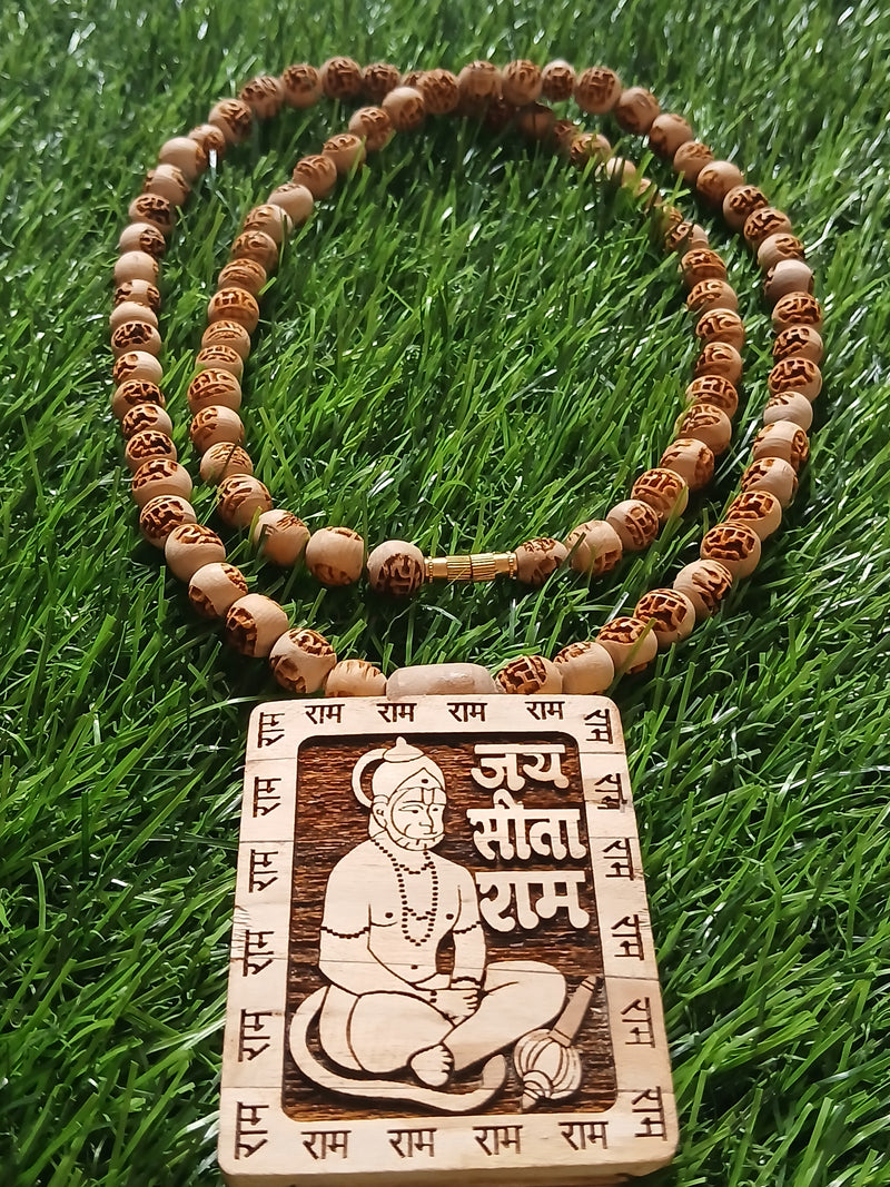 8 MM Ram Naam Beads With Big Size Hanumaan Ji Pendant Pure Tulsi Mala